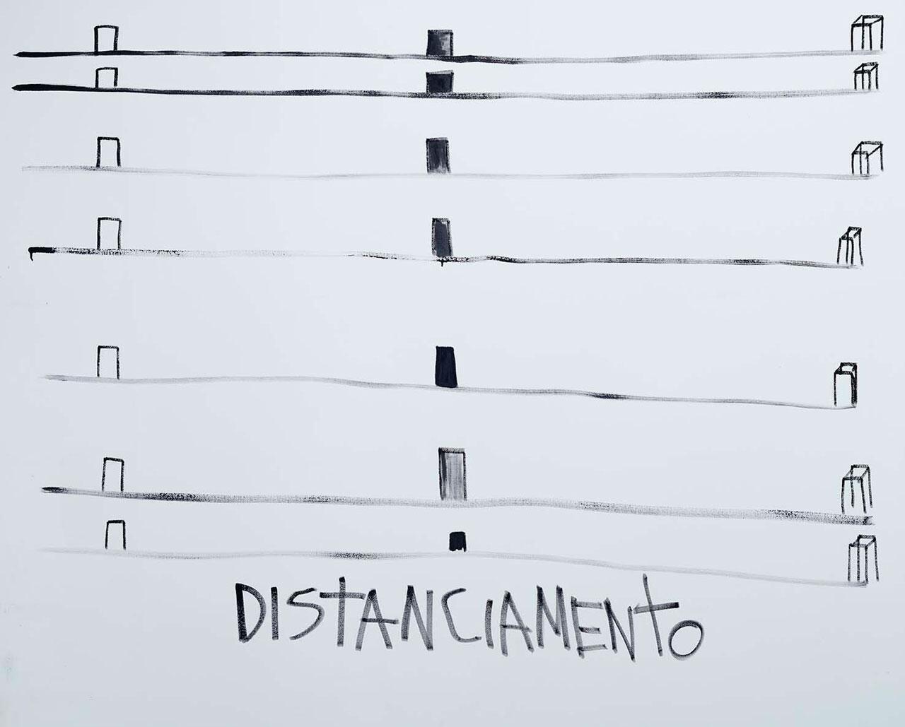 Sete linhas horizontais com três pequenos retângulos espaçados em cada linha. No canto inferior, a palavra "distanciamento".