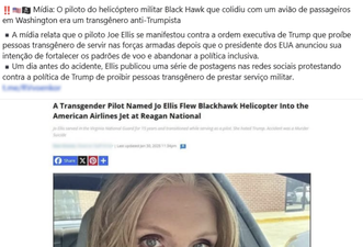 Piloto de helicóptero que colidiu com avião nos EUA não era trans