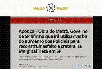 SP não anunciou que usará verba de reajuste de policiais em obra na marginal Tietê