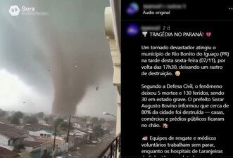 Foi gerada por IA cena que mostra passagem de tornado por cidade do Paraná