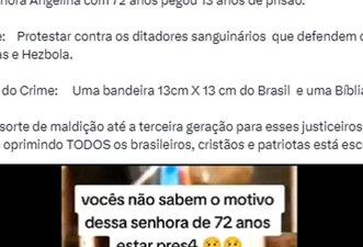 Idosa foi presa por tráfico, não por participar dos atos golpistas do 8 de Janeiro