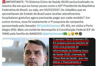 É falso que Flávio Bolsonaro disse que irá privatizar o SUS se for eleito presidente