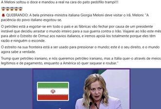 Não é verdade que Meloni anunciou visita ao Irã e declarou que ‘a América só quer saquear e roubar’