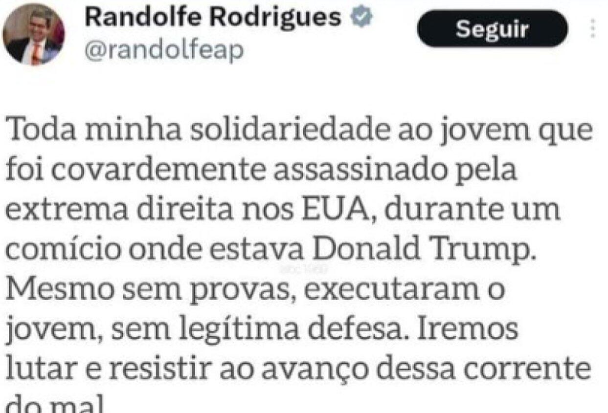 Randolfe não se solidarizou com autor de atentado contra Trump