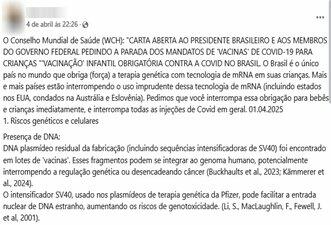 Carta de organização negacionista usa argumentos falsos para atacar vacinas contra Covid-19