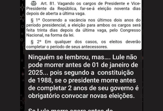 É falso que haverá novas eleições se Lula morrer em 2024