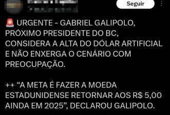 Gabriel Galípolo não disse que alta do dólar é ‘artificial’ e que cotação chegará a R$ 5 em 2025