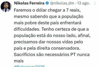 Nikolas Ferreira não disse que oposição fará dólar chegar a R$ 7