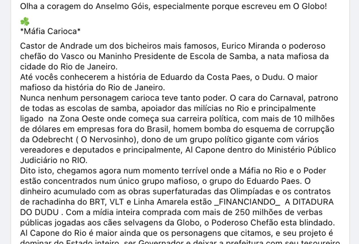Ancelmo Gois não escreveu texto que relaciona Eduardo Paes a ‘máfia carioca’