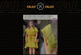 É montagem foto que mostra Janja com vestido comparado a uma pamonha