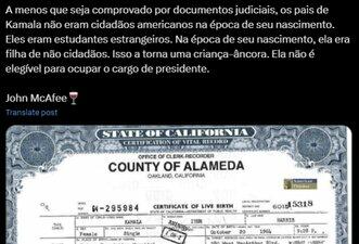 É falso que Kamala Harris seja inelegível por ser filha de imigrantes
