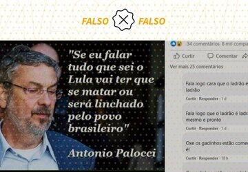 É falsa declaração com ameaça a Lula atribuída a Palocci em posts nas redes