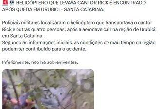 Vídeo não mostra acidente em SC com cantor Rick, mas queda de helicóptero em SP