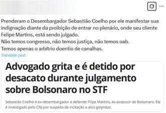 Posts enganam ao alegar que advogado foi impedido de defender Filipe Martins em julgamento no STF