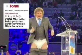 Vídeo em que calça de Milei cai durante evento de Flávio é de IA