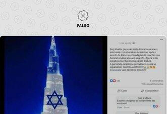 É montagem foto que mostra torre em Dubai projetando a bandeira de Israel