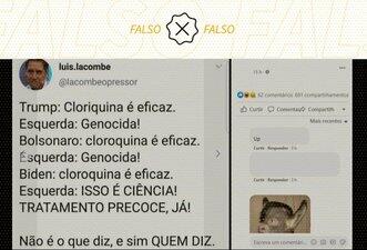 É falso que Biden disse que cloroquina é eficaz contra a Covid-19
