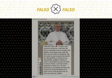É falso que Papa Francisco liberou até churrasco na Páscoa para os católicos