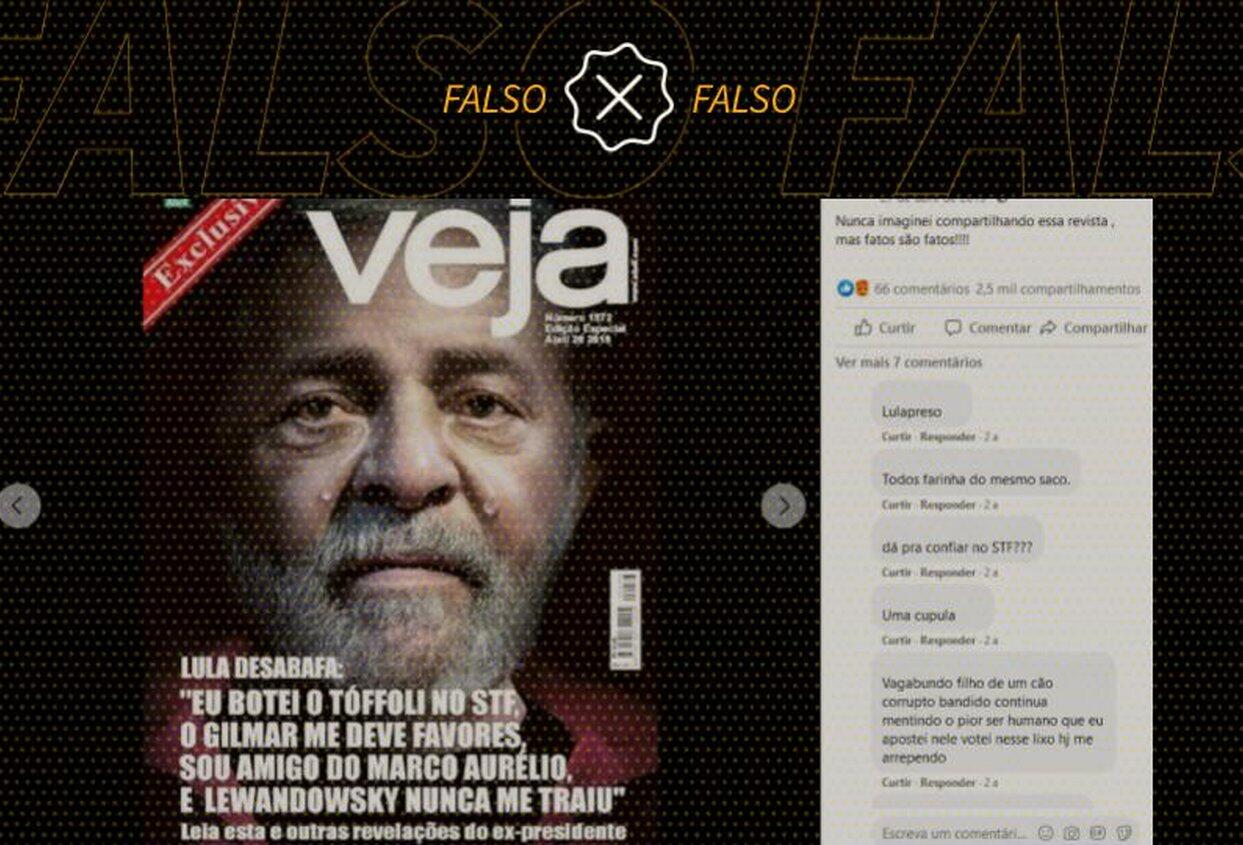 É montagem capa da Veja com declarações de Lula sobre ministros do STF