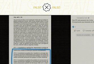 É falsa decisão atribuída ao STF para proibir Bolsonaro de decretar intervenção militar