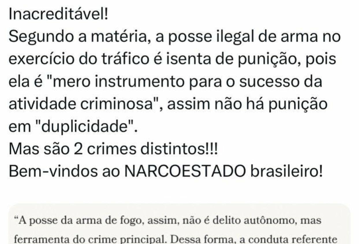 Posts distorcem decisão do STJ para fazer crer que traficante não será punido ao portar armas