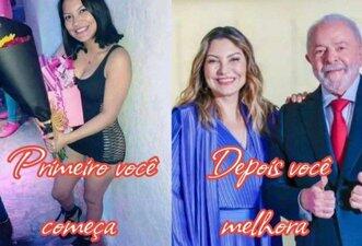É montagem foto de Janja com vestido curto
