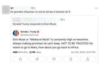 É falso que Trump chamou Musk de ‘drogado’ em post nas redes