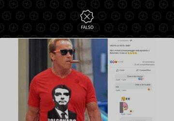 É montagem foto de Schwarzenegger usando camiseta ‘Bolsonaro Presidente’
