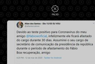 Allan dos Santos não afirmou que substituirá Wajngarten; tweet é de conta falsa