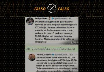 Tuítes atribuídos a Felipe Neto e André Janones sobre entrevista de Bolsonaro são falsos