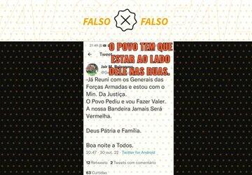 É falso tuíte de Bolsonaro sobre reunião com generais e ministro da Justiça após derrota na eleição