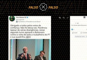 É falso tuíte em que Ciro Gomes teria declarado apoio a Bolsonaro