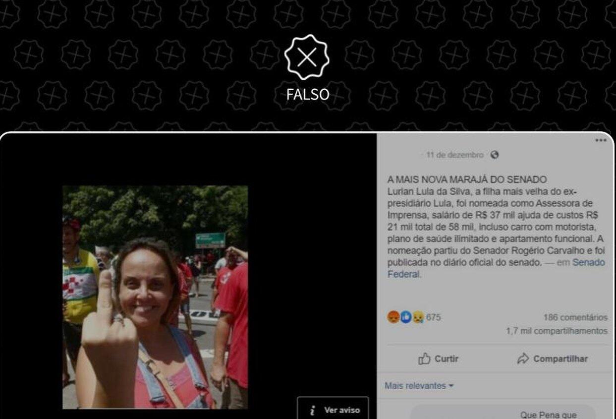É falso que filha de Lula vai receber R$ 37 mil como assessora no Senado