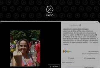 É falso que filha de Lula vai receber R$ 37 mil como assessora no Senado