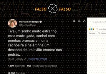 É falso tweet atribuído a Marília Mendonça que fala sobre avião em cachoeira