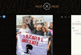 É montagem foto em que Lula e Haddad seguram bandeira com frase 'Lázaro é inocente'