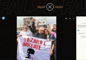 É montagem foto em que Lula e Haddad seguram bandeira com frase 'Lázaro é inocente'