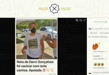 É falso que neta de Dercy Gonçalves usou camisa com palavrão contra Lula ao ser vacinada