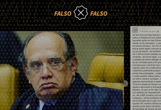 Texto usa alegações enganosas para dizer que entrada de Gilmar Mendes no STF foi ilegal
