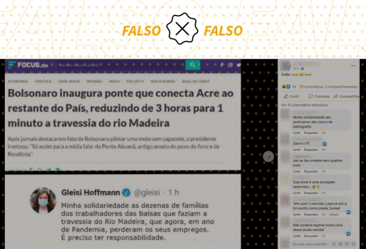 É montagem tweet em que Gleisi lamenta demissão de balseiros após inauguração de ponte