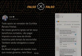 É falso tweet em que Lula diz que vai cortar benefícios de igrejas