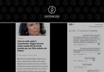 Correção: Regina Duarte recebe pensão por ser filha de militar — mas de R$ 6,8 mil, não R$ 20 mil